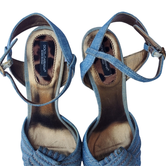 Dolce & Gabbana Blue Denim Espadrille Style Peep Toe Heel Sandals w/Ankle Strap - Picture 5 of 12